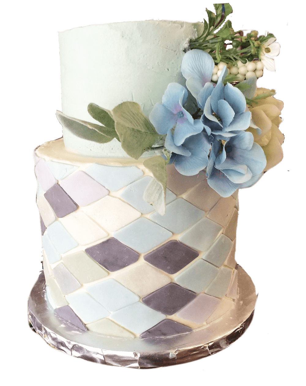 two-tier cake with blue flowers