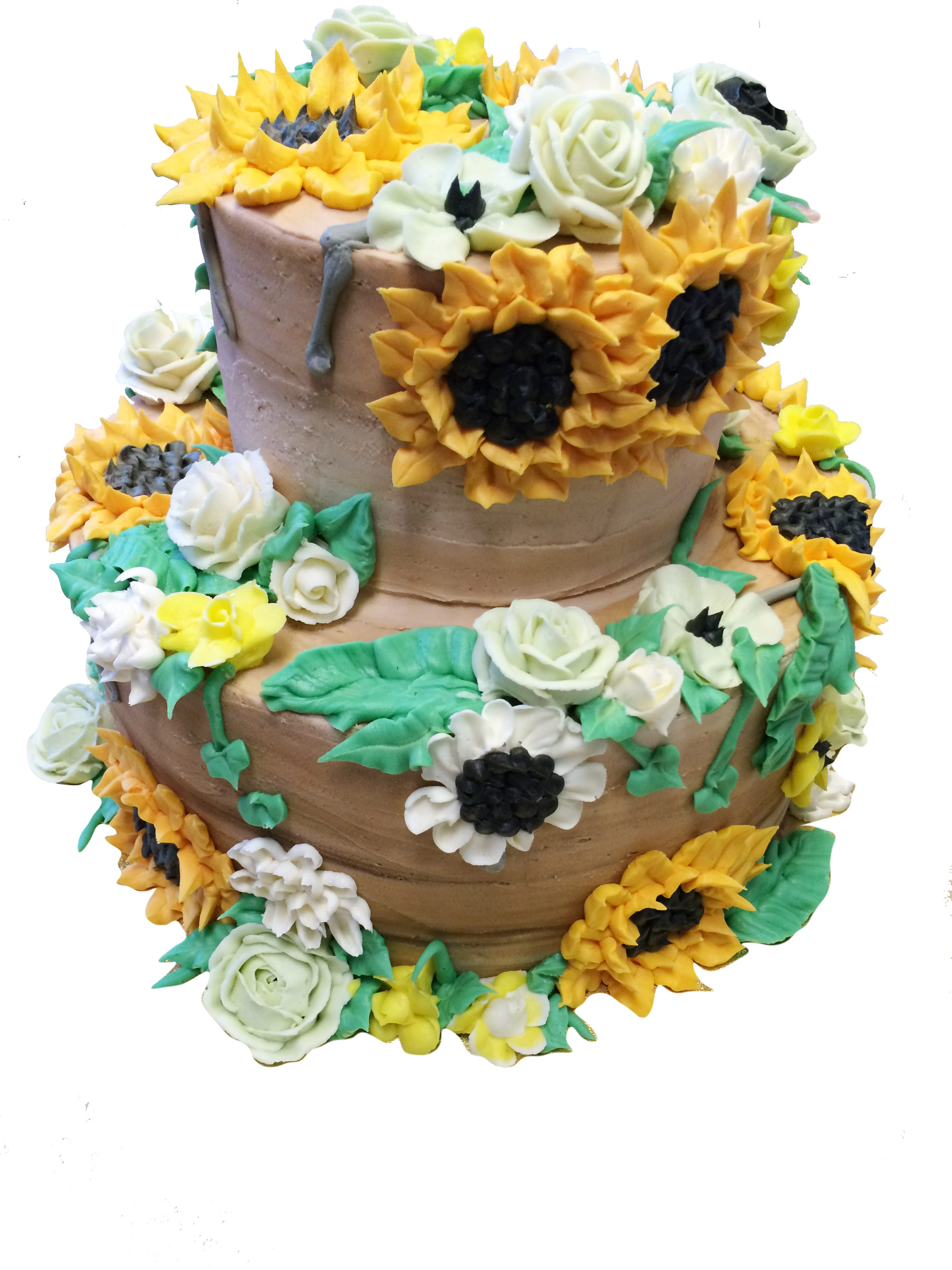 three-tier cake with colorful flowers