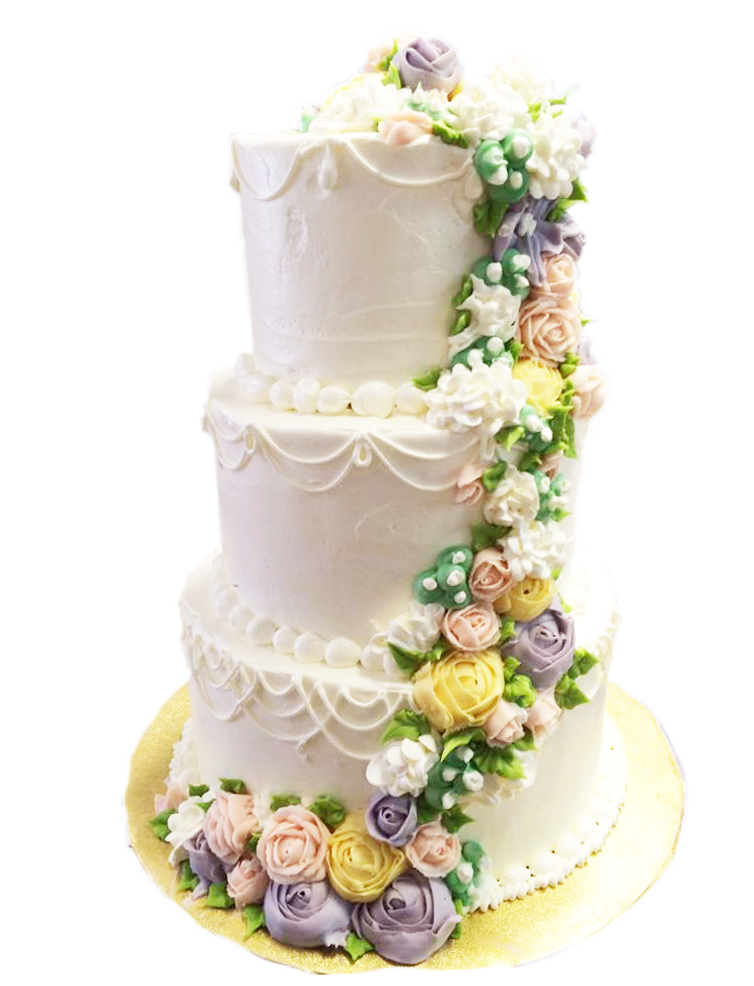 three-tier cake with colorful flowers