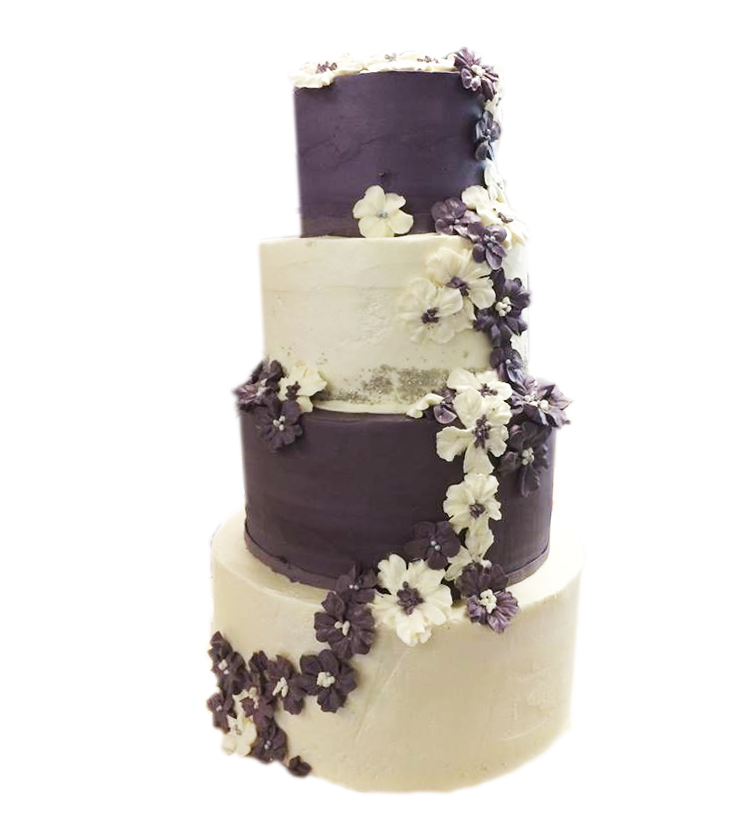 four-tier cake with purple flowers